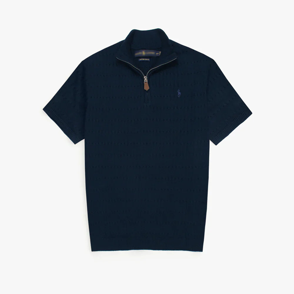 RL PREMIUM MEN'S CABEL-KNIT ZIPPER POLO SHIRT (NAVY)