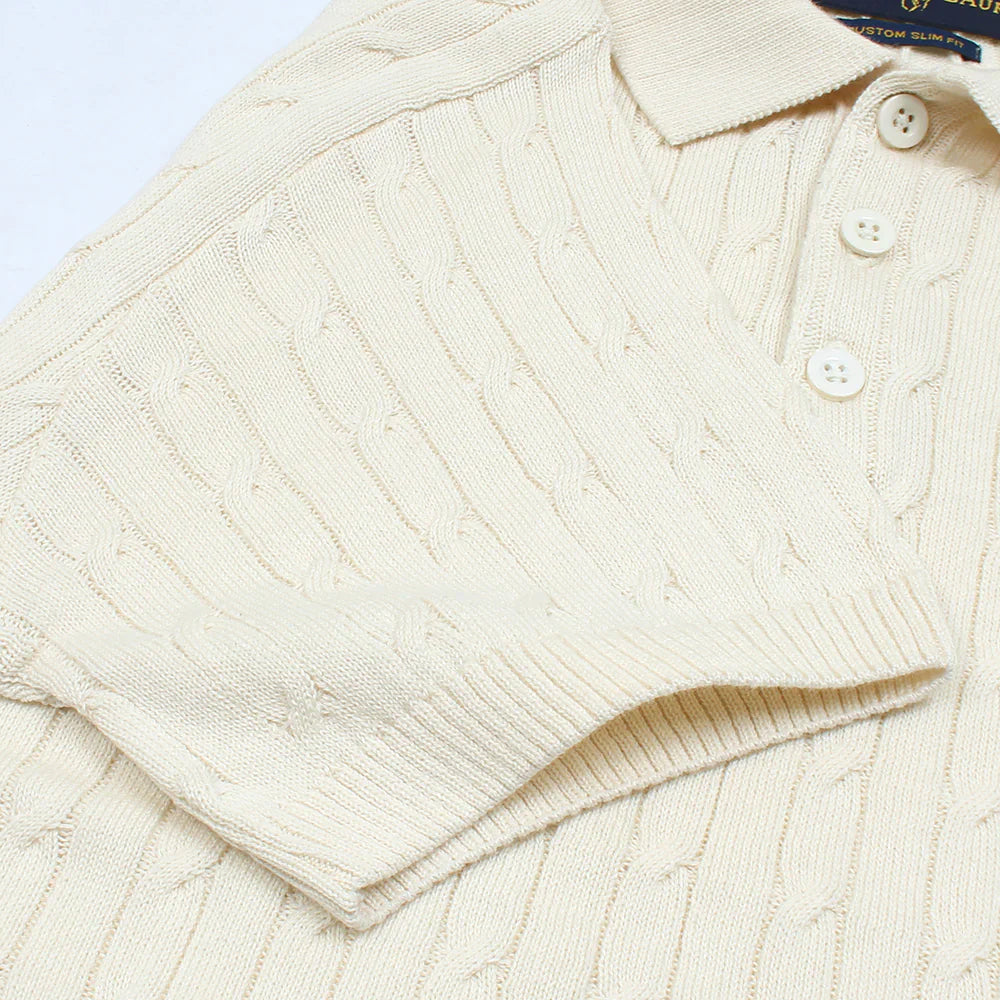 RL PREMIUM CABEL-KNIT BUTTON POLO SHIRT (OFF-WHITE)