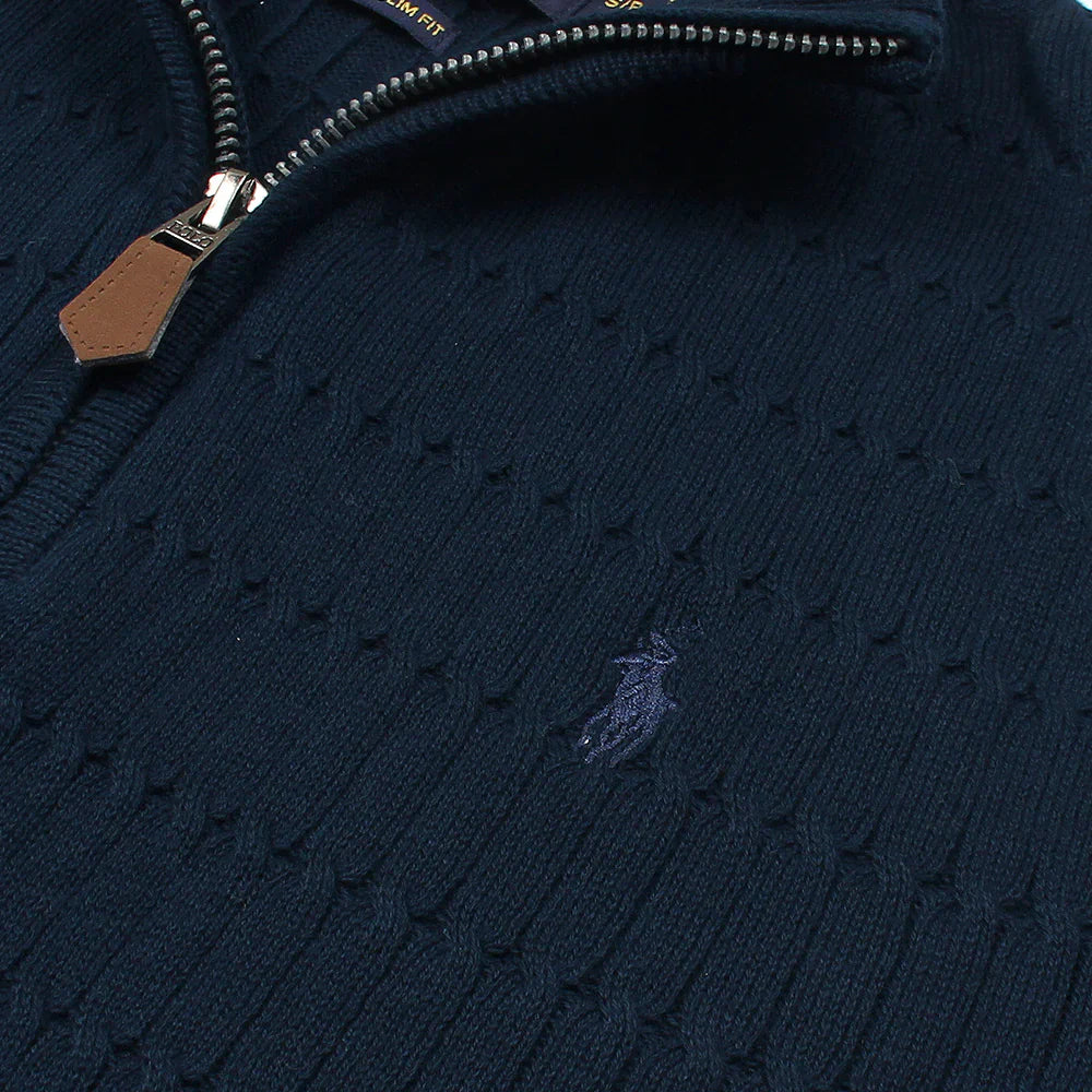 RL PREMIUM MEN'S CABEL-KNIT ZIPPER POLO SHIRT (NAVY)