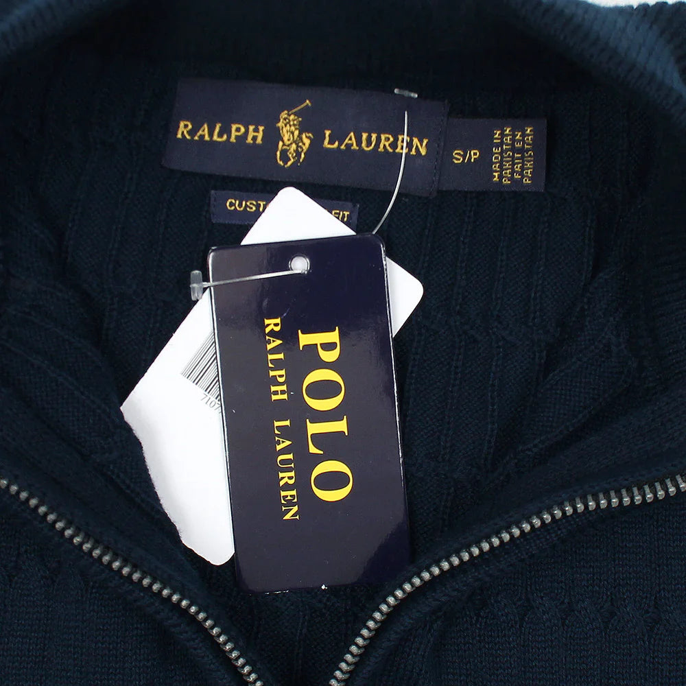 RL PREMIUM MEN'S CABEL-KNIT ZIPPER POLO SHIRT (NAVY)