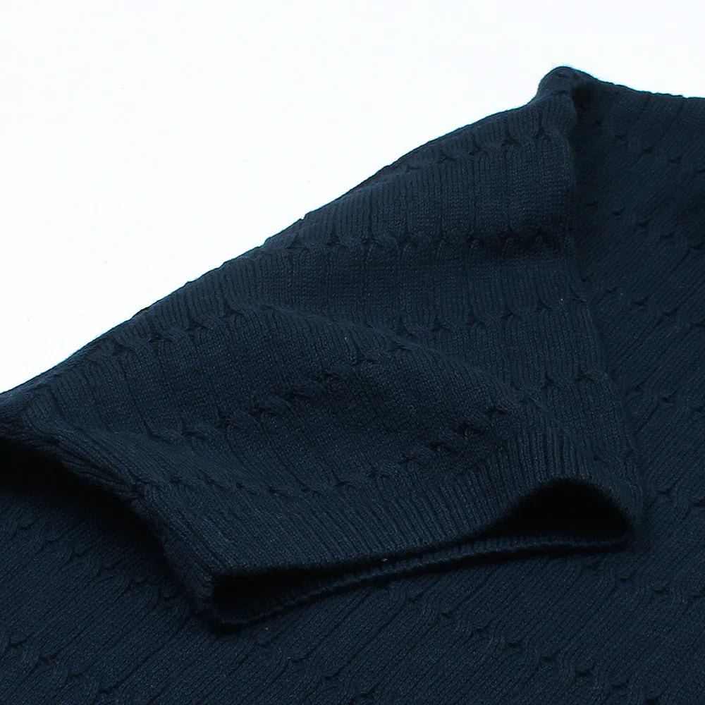 RL PREMIUM MEN'S CABEL-KNIT ZIPPER POLO SHIRT (NAVY)
