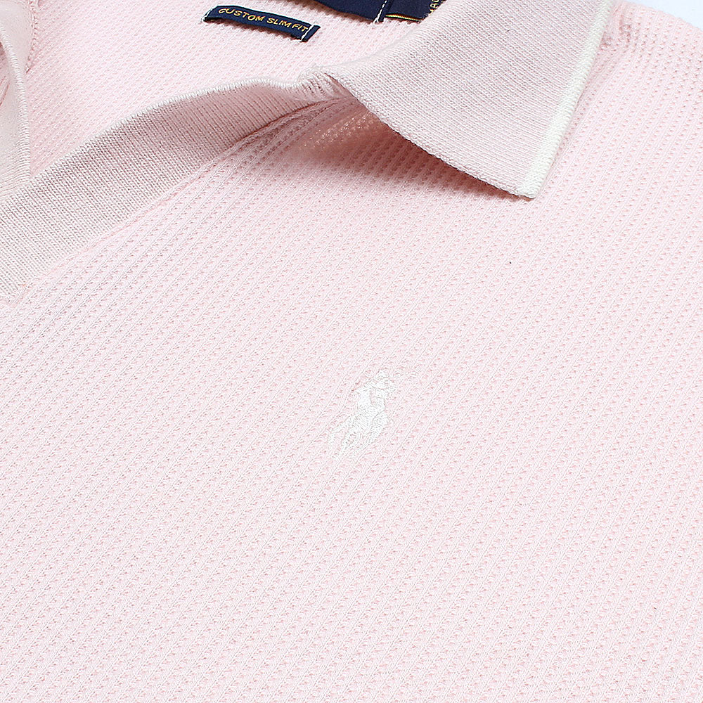 RL PREMIUM MEN'S V NECK BORDER POLO SHIRT (POWDER PINK)