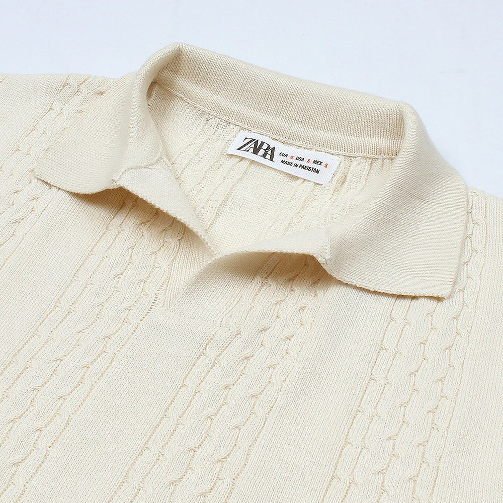 Z.A.R.A PREMIUM CABEL-KNIT V NECK POLO SHIRT (OFF-WHITE)