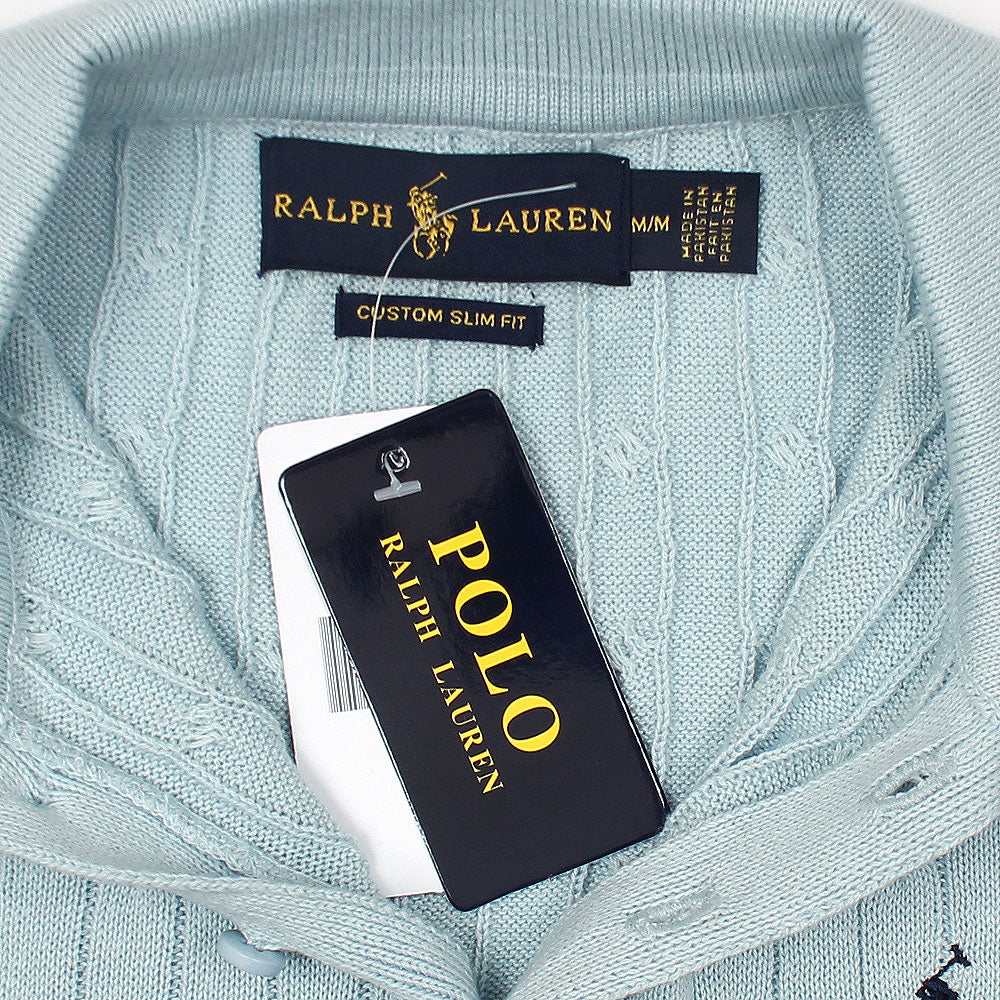 RL PREMIUM CABEL-KNIT BUTTON POLO SHIRT (SKY)