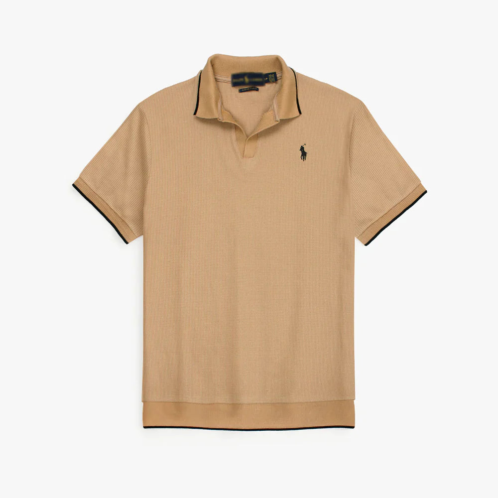 RL PREMIUM MEN'S V NECK BORDER POLO SHIRT (KHAKI)
