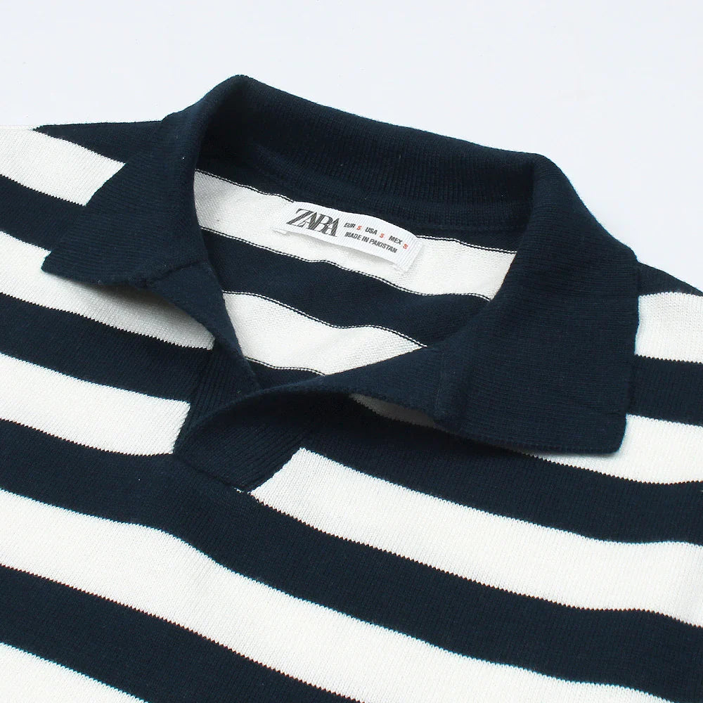 Z.A.R.A PREMIUM CABEL-KNIT STRIPPER POLO SHIRT (NAVY-WHITE)