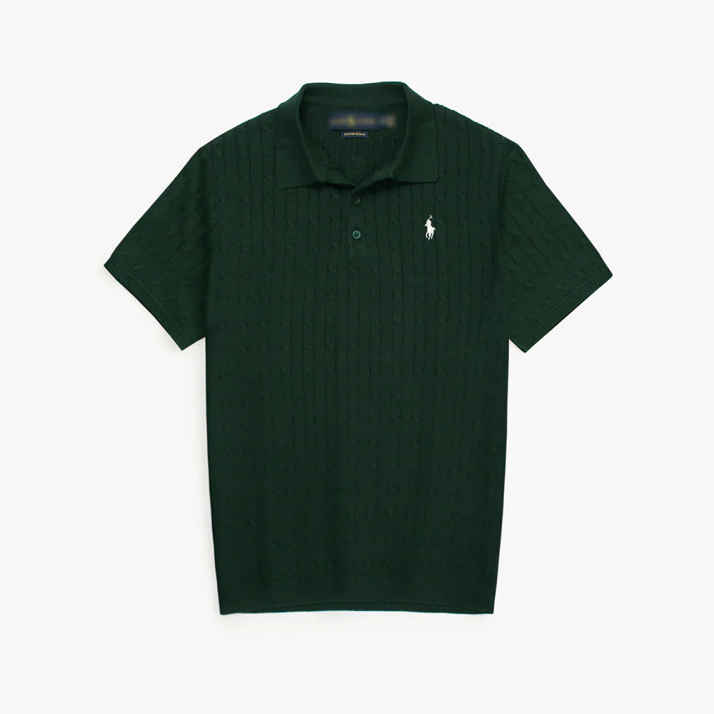 RL PREMIUM CABEL-KNIT BUTTON POLO SHIRT (GREEN)