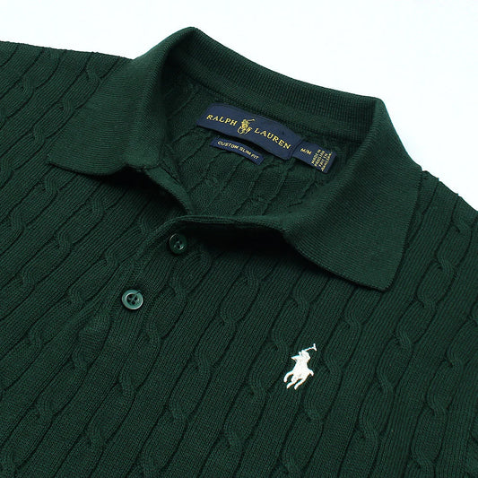 RL PREMIUM CABEL-KNIT BUTTON POLO SHIRT (GREEN)