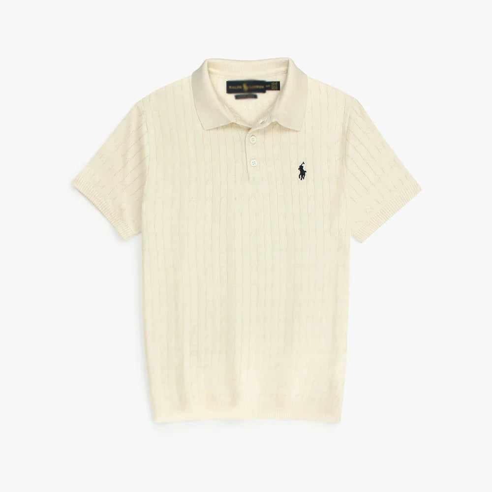 RL PREMIUM CABEL-KNIT BUTTON POLO SHIRT (OFF-WHITE)