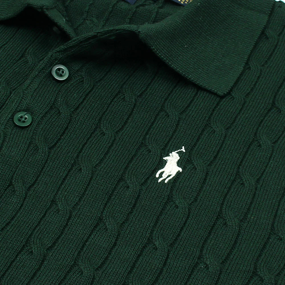 RL PREMIUM CABEL-KNIT BUTTON POLO SHIRT (GREEN)