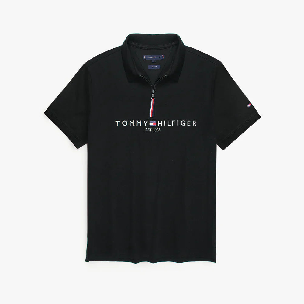 TOMMY PREMIUM SELF EMB ZIP-UP POLO SHIRT (BLACK)