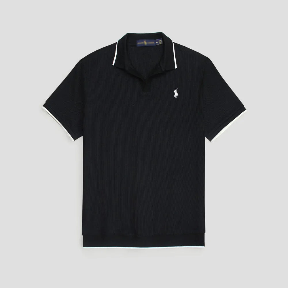 RL PREMIUM MEN'S V NECK BORDER POLO SHIRT (BLACK)