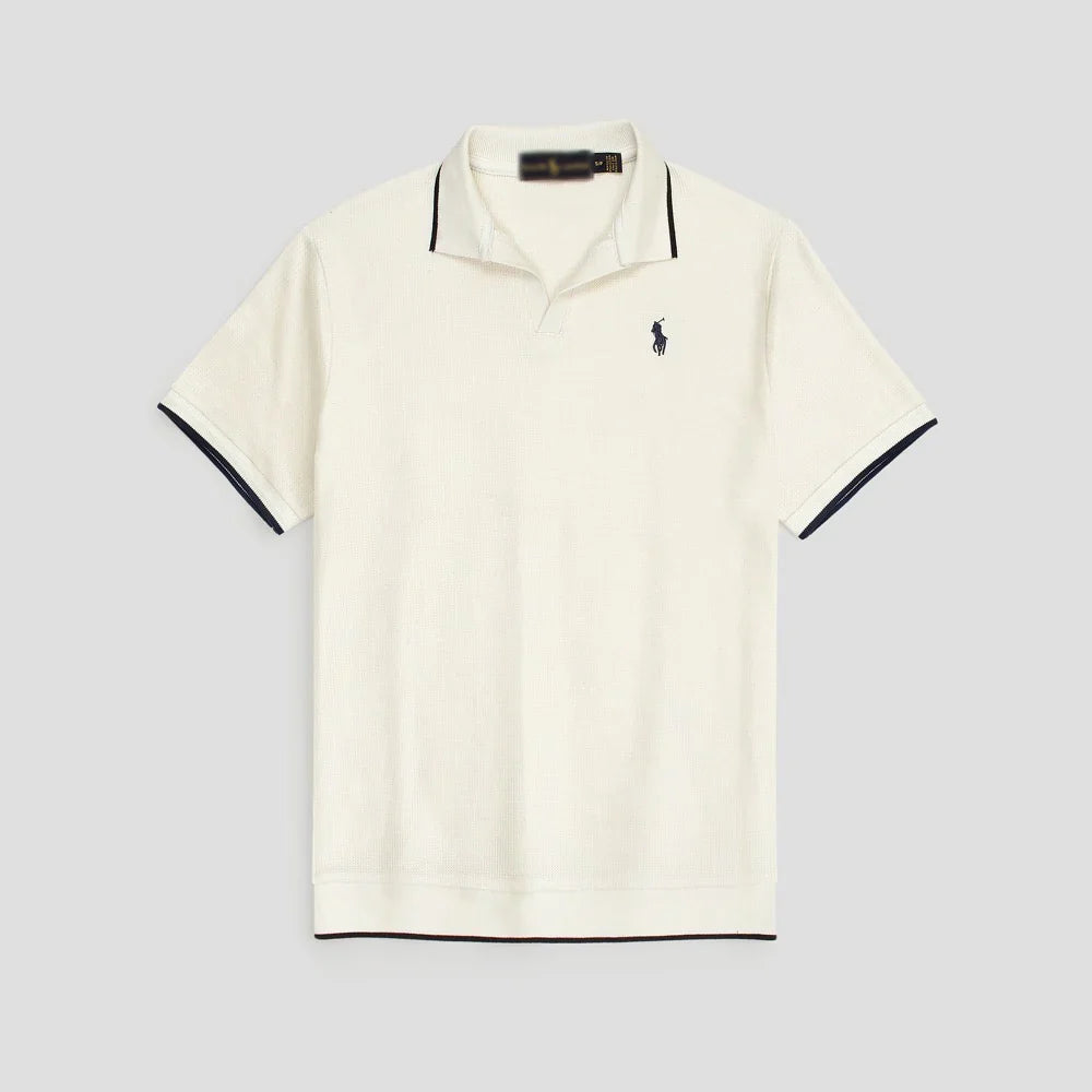 RL PREMIUM MEN'S V NECK BORDER POLO SHIRT (OFF-WHITE)