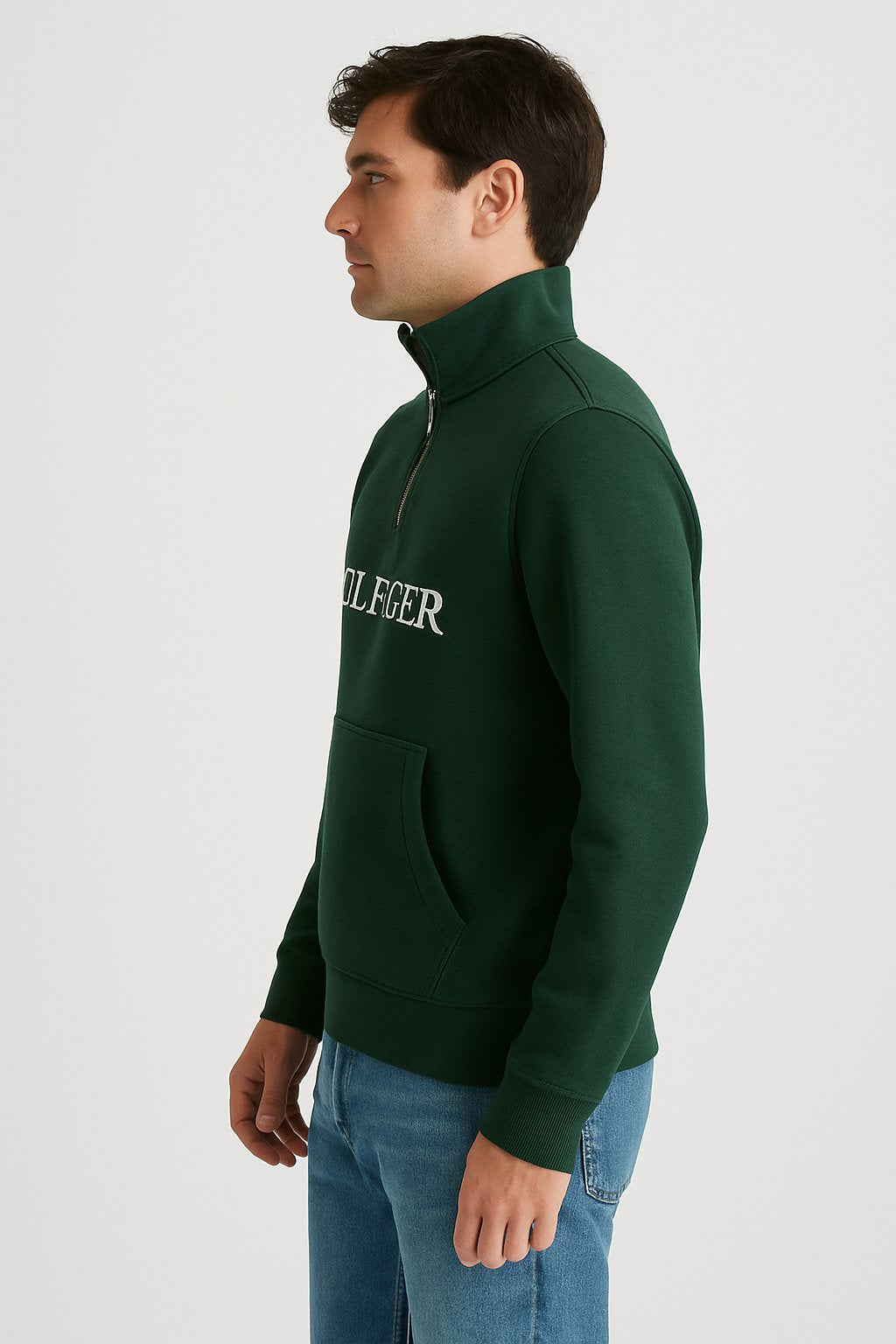 TH EMB HLFGR COTTON FLEECE ZIP-UP (GREEN)
