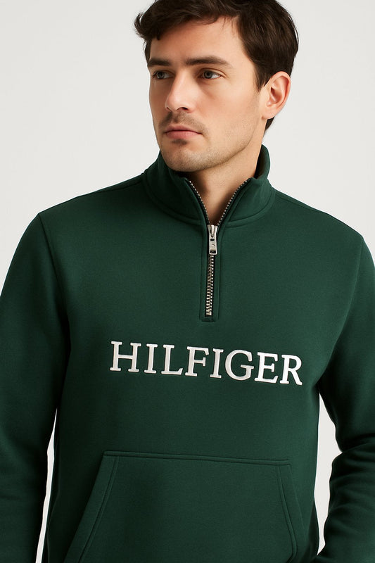 TH EMB HLFGR COTTON FLEECE ZIP-UP (GREEN)