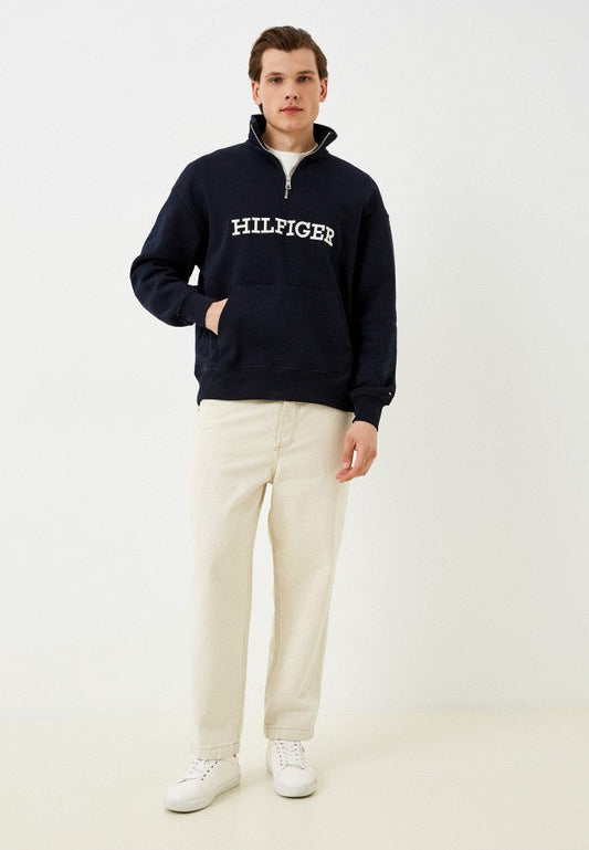 TH EMB HLFGR COTTON FLEECE ZIP-UP (NAVY BLUE)