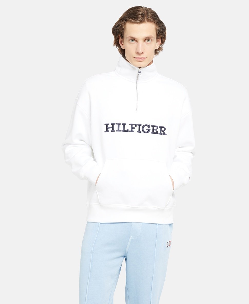 TH EMB HLFGR COTTON FLEECE ZIP-UP (WHITE)