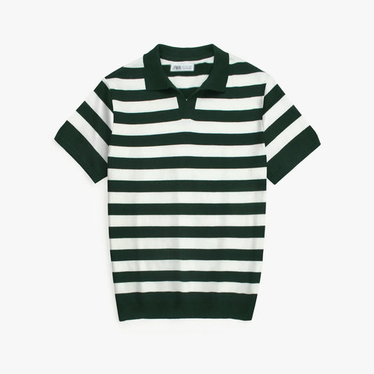 Z.A.R.A PREMIUM CABEL-KNIT STRIPPER POLO SHIRT (GREEN-WHITE)