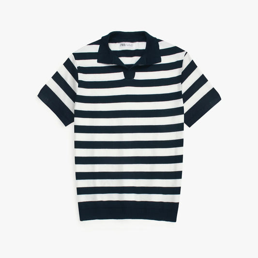Z.A.R.A PREMIUM CABEL-KNIT STRIPPER POLO SHIRT (NAVY-WHITE)