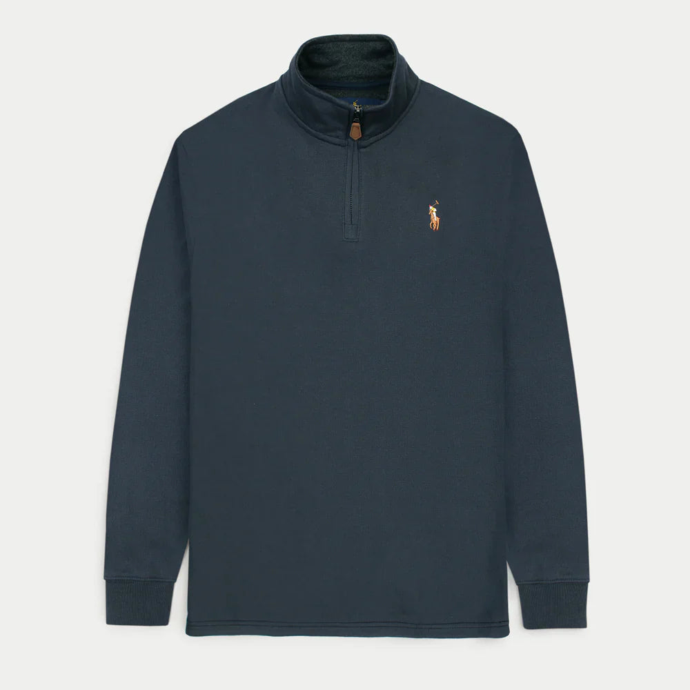 RL Imported Pique Cotton Fleece Zip-up Mockneck (Navy Blue)