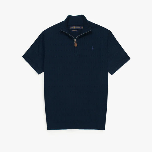 RL PREMIUM MEN'S CABEL-KNIT ZIPPER POLO SHIRT (NAVY)