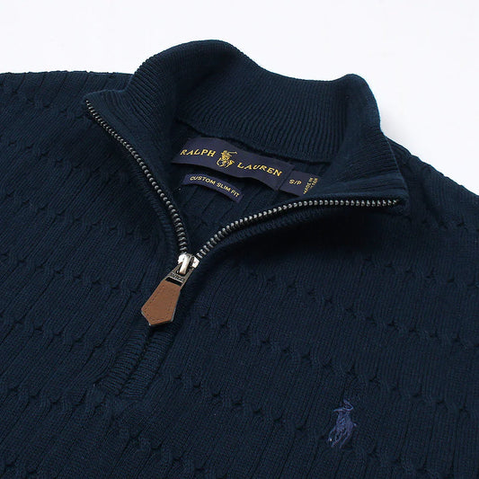 RL PREMIUM MEN'S CABEL-KNIT ZIPPER POLO SHIRT (NAVY)
