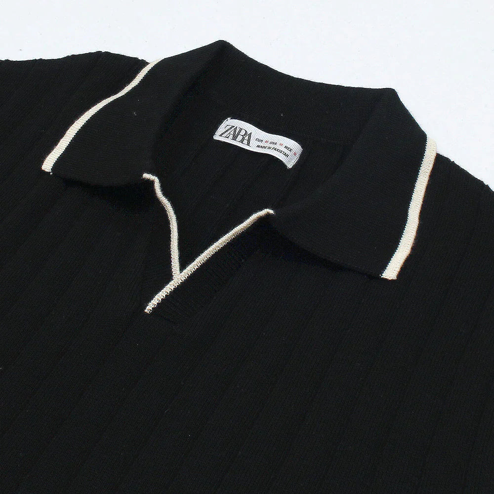 Z.A.R.A PREMIUM ESPRESSO CABEL-KNIT POLO SHIRT (BLACK)