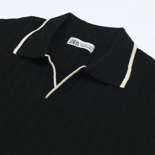Z.A.R.A PREMIUM ESPRESSO CABEL-KNIT POLO SHIRT (BLACK)