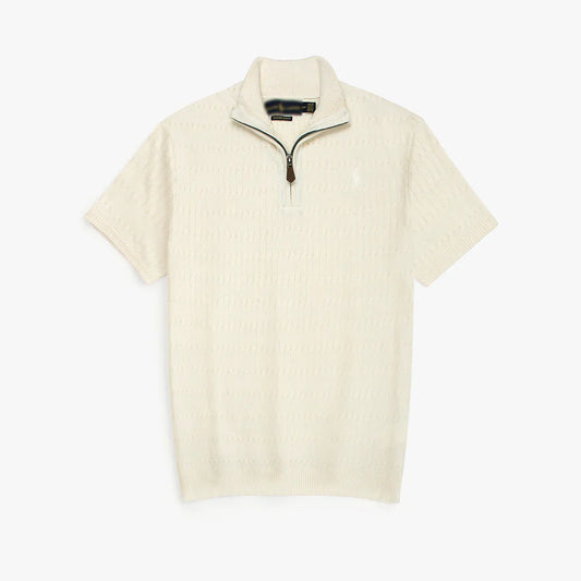 RL PREMIUM MEN'S CABEL-KNIT ZIPPER POLO SHIRT (CREAM)