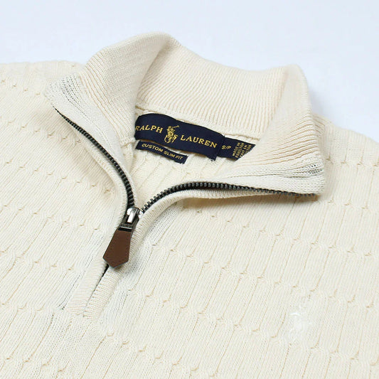 RL PREMIUM MEN'S CABEL-KNIT ZIPPER POLO SHIRT (CREAM)