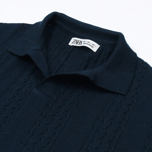 Z.A.R.A PREMIUM CABEL-KNIT V NECK POLO SHIRT (NAVY BLUE)