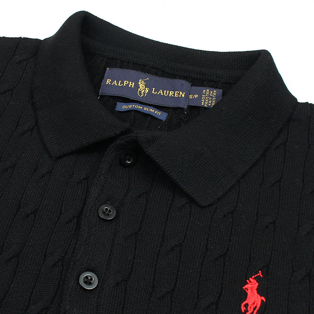 RL PREMIUM CABEL-KNIT BUTTON POLO SHIRT (BLACK)