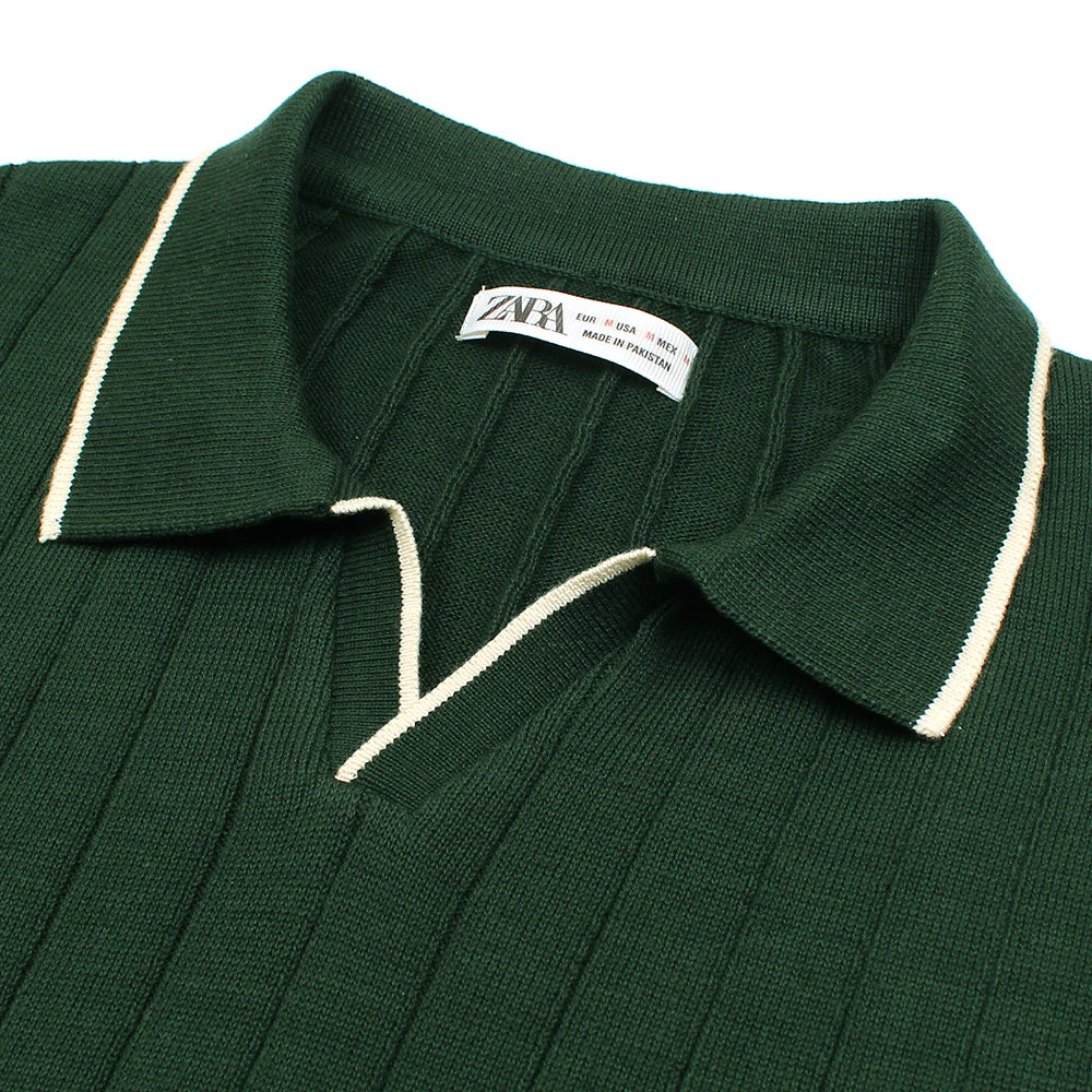 Z.A.R.A PREMIUM ESPRESSO CABEL-KNIT POLO SHIRT (GREEN)
