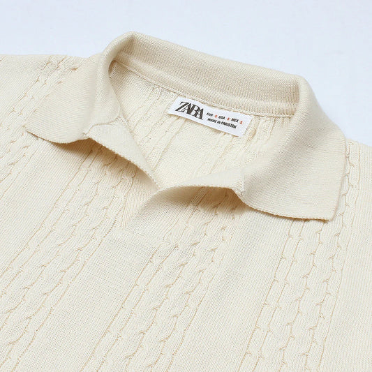 Z.A.R.A PREMIUM CABEL-KNIT V NECK POLO SHIRT (OFF-WHITE)