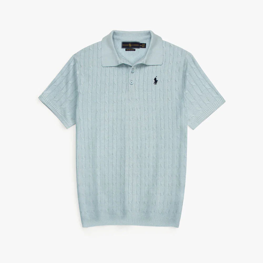 RL PREMIUM CABEL-KNIT BUTTON POLO SHIRT (SKY)
