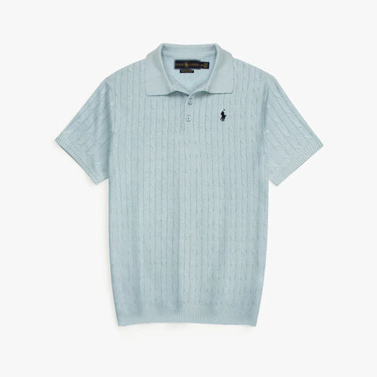 RL PREMIUM CABEL-KNIT BUTTON POLO SHIRT (SKY)