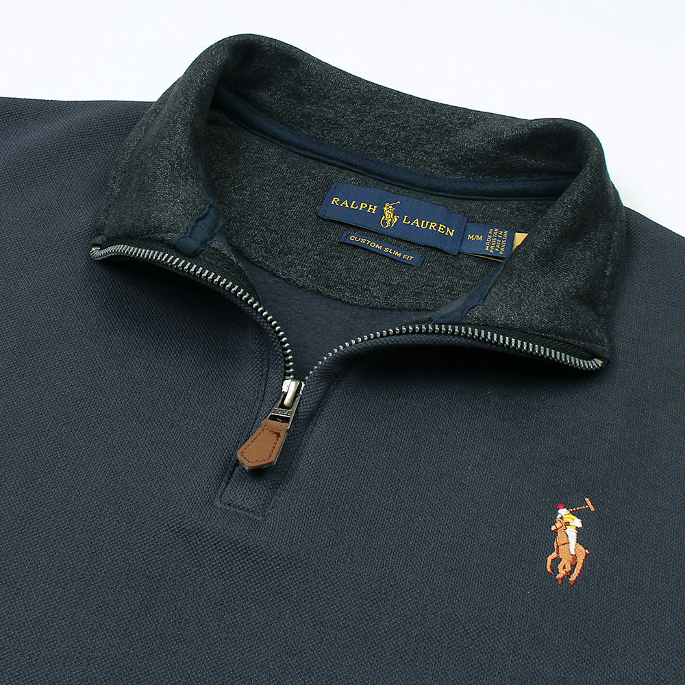 RL Imported Pique Cotton Fleece Zip-up Mockneck (Navy Blue)
