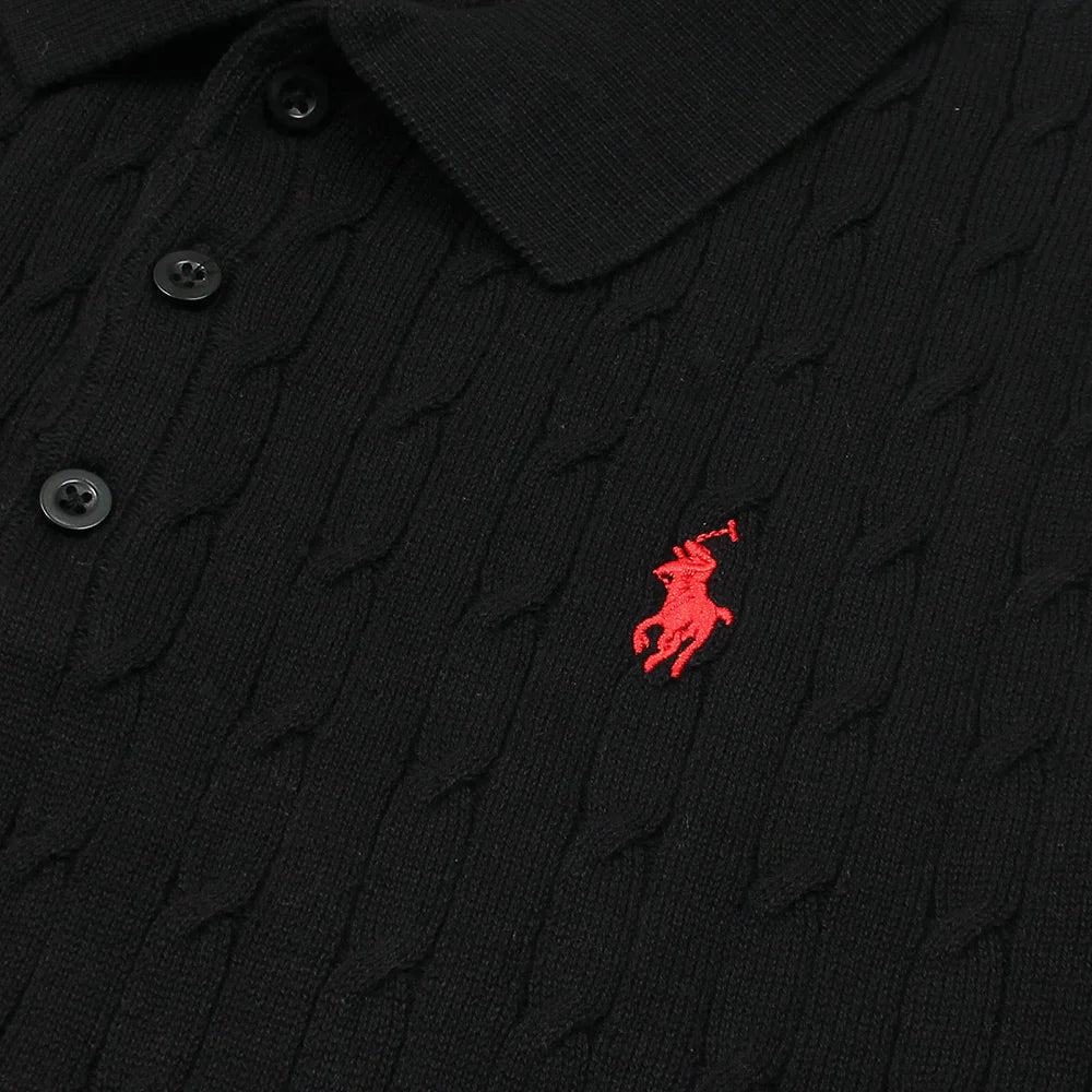 RL PREMIUM CABEL-KNIT BUTTON POLO SHIRT (BLACK)