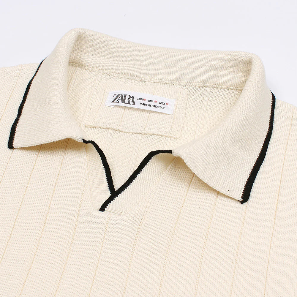 Z.A.R.A PREMIUM ESPRESSO CABEL-KNIT POLO SHIRT (OFF-WHITE)