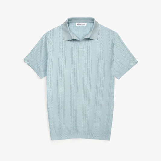 Z.A.R.A PREMIUM CABEL-KNIT V NECK POLO SHIRT (SKY BLUE)