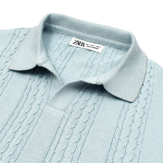 Z.A.R.A PREMIUM CABEL-KNIT V NECK POLO SHIRT (SKY BLUE)