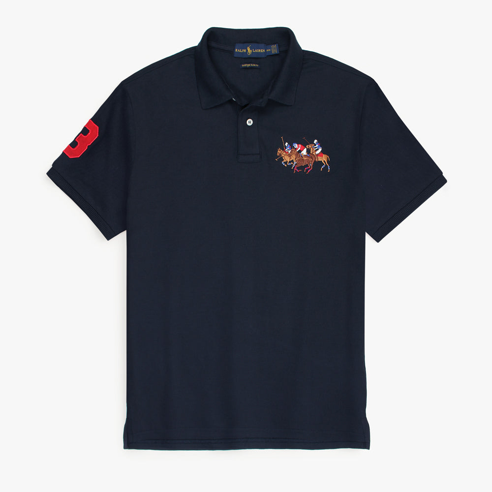 RL Premium 3 Horse Pique Cotton Polo Shirt (Navy)