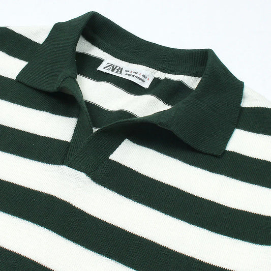 Z.A.R.A PREMIUM CABEL-KNIT STRIPPER POLO SHIRT (GREEN-WHITE)