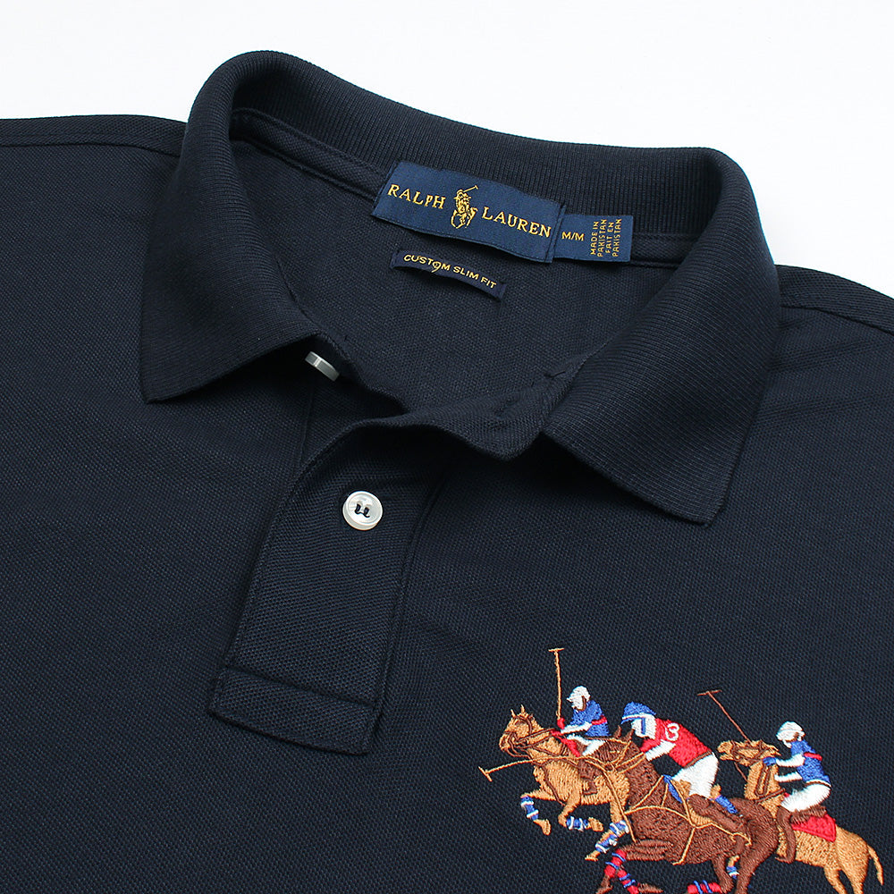 RL Premium 3 Horse Pique Cotton Polo Shirt (Navy)