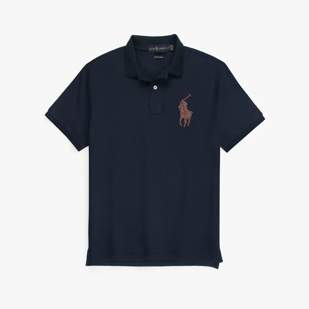 RL PREMIUM LEATHER BIG HORSE POLO SHIRT (NAVY BLUE)
