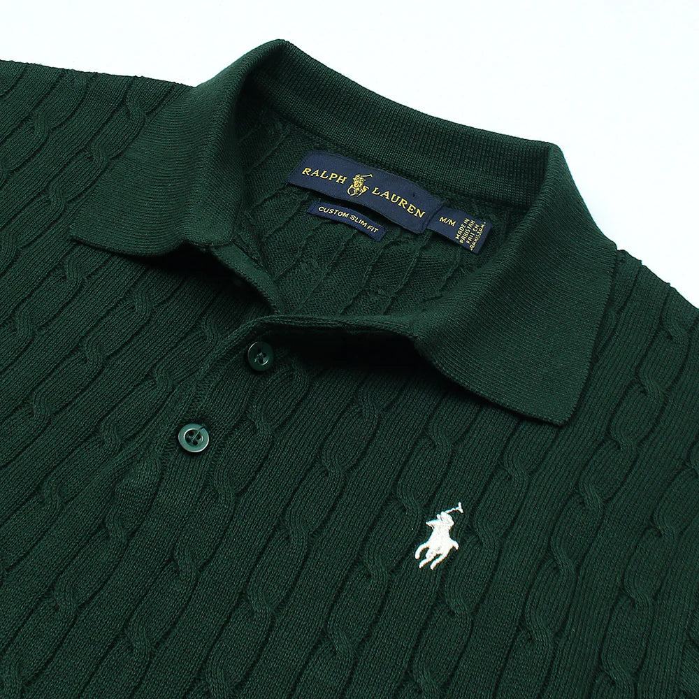 RL PREMIUM CABEL-KNIT BUTTON POLO SHIRT (GREEN)