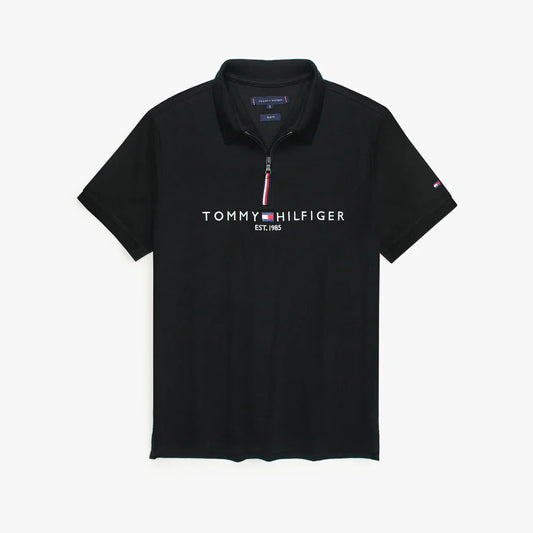 TOMMY PREMIUM SELF EMB ZIP-UP POLO SHIRT (BLACK)