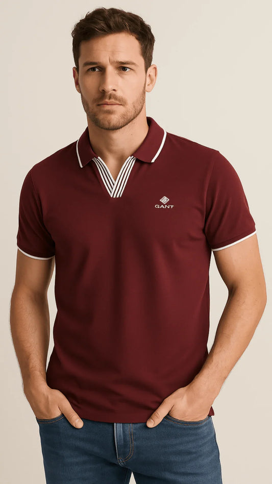 G.A.I.N.T PREMIUM V-NECK COLLAR POLO SHIRT (MAROON)