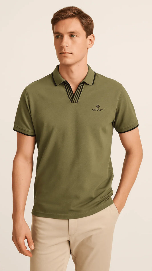 G.A.I.N.T PREMIUM V-NECK COLLAR POLO SHIRT (OLIVE)