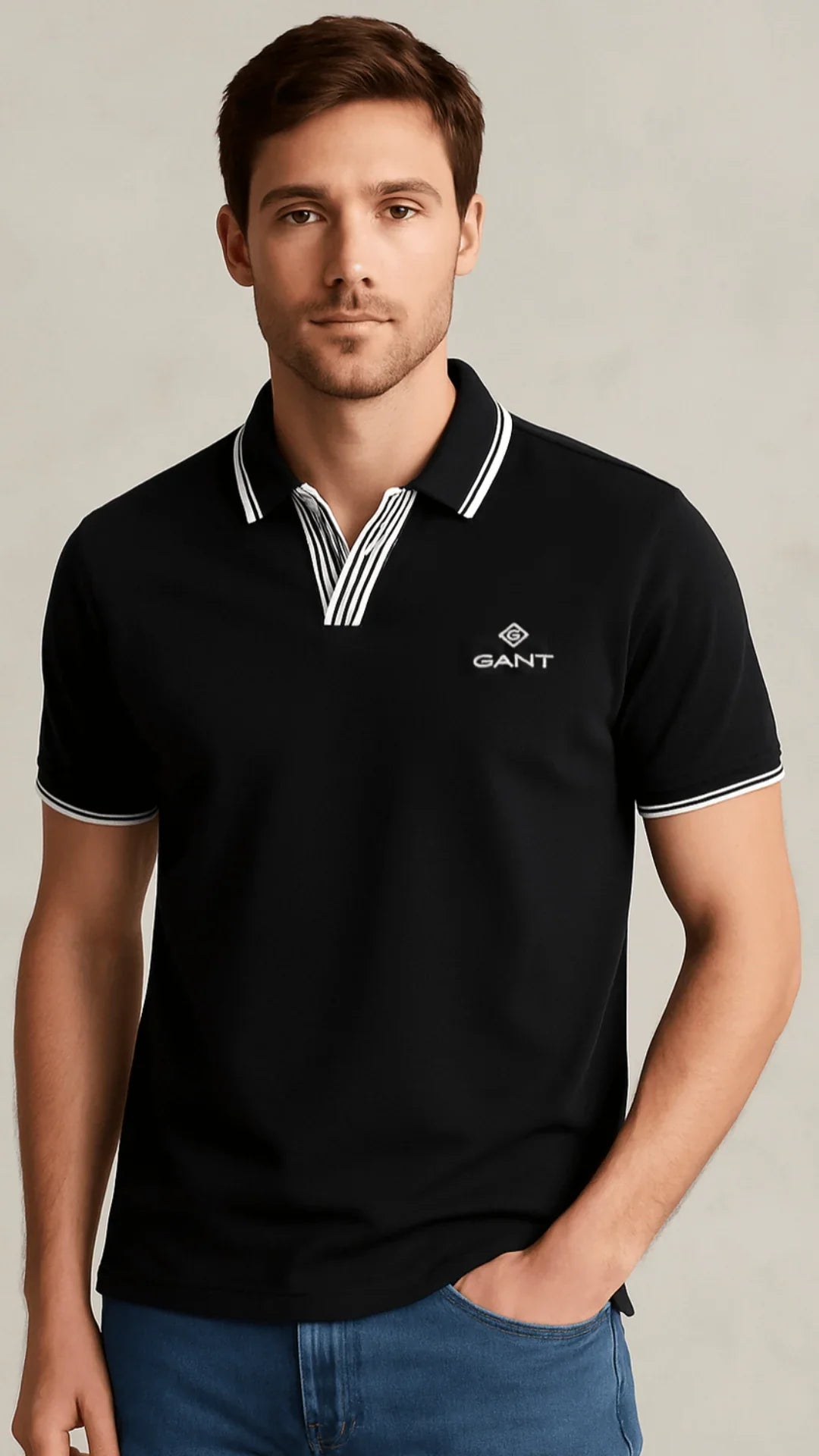 G.A.I.N.T PREMIUM V-NECK COLLAR POLO SHIRT (BLACK)